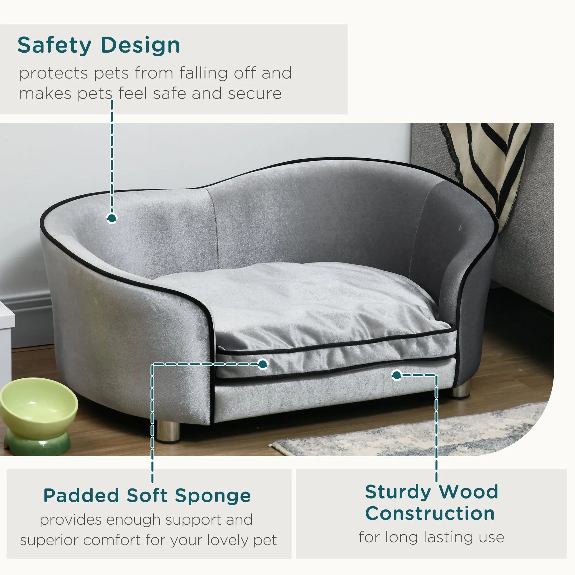PawHut Dog Sofa Pet Chair, Kitten Bed Couch w/ Wooden Frame, Removable Cushion