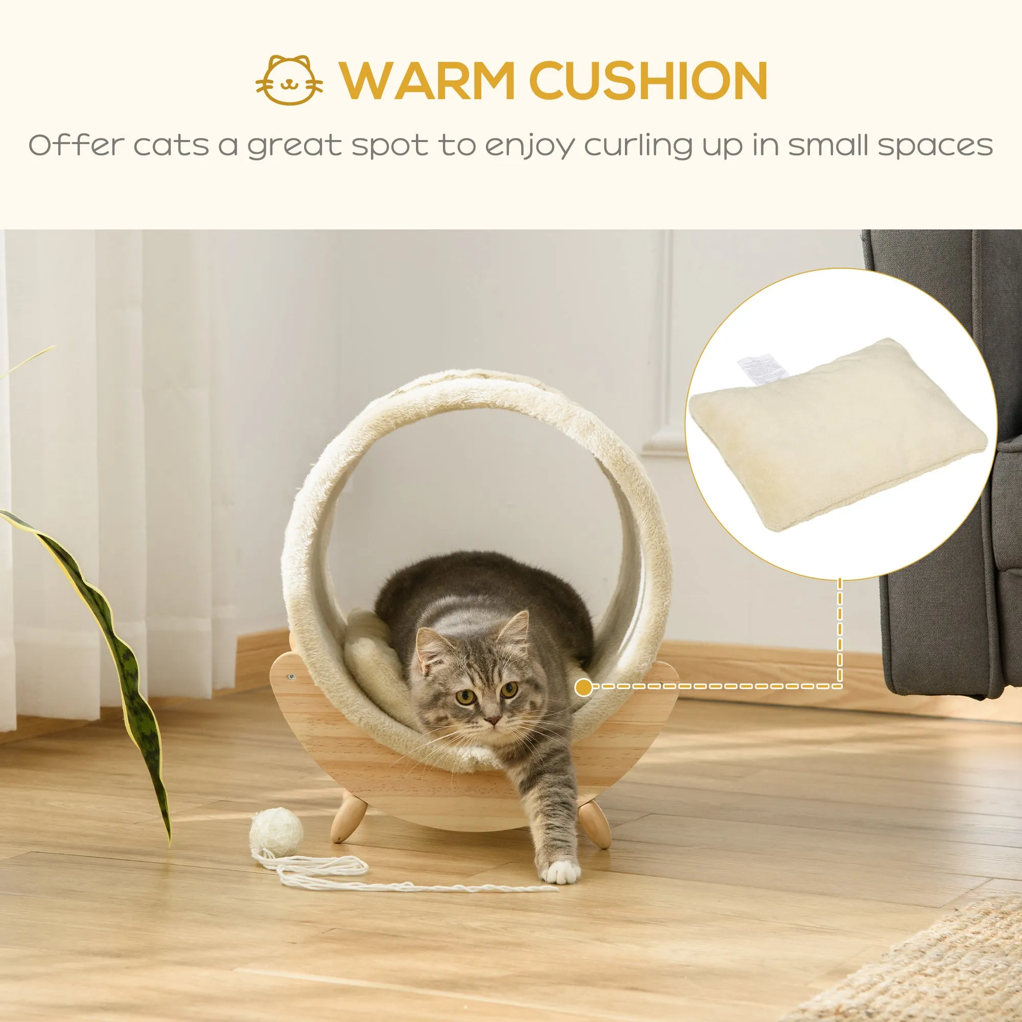 PawHut Raised Kitten Bed Pet Shelter w/ Scratcher Cushion, Beige 41 x 38 x 43 cm