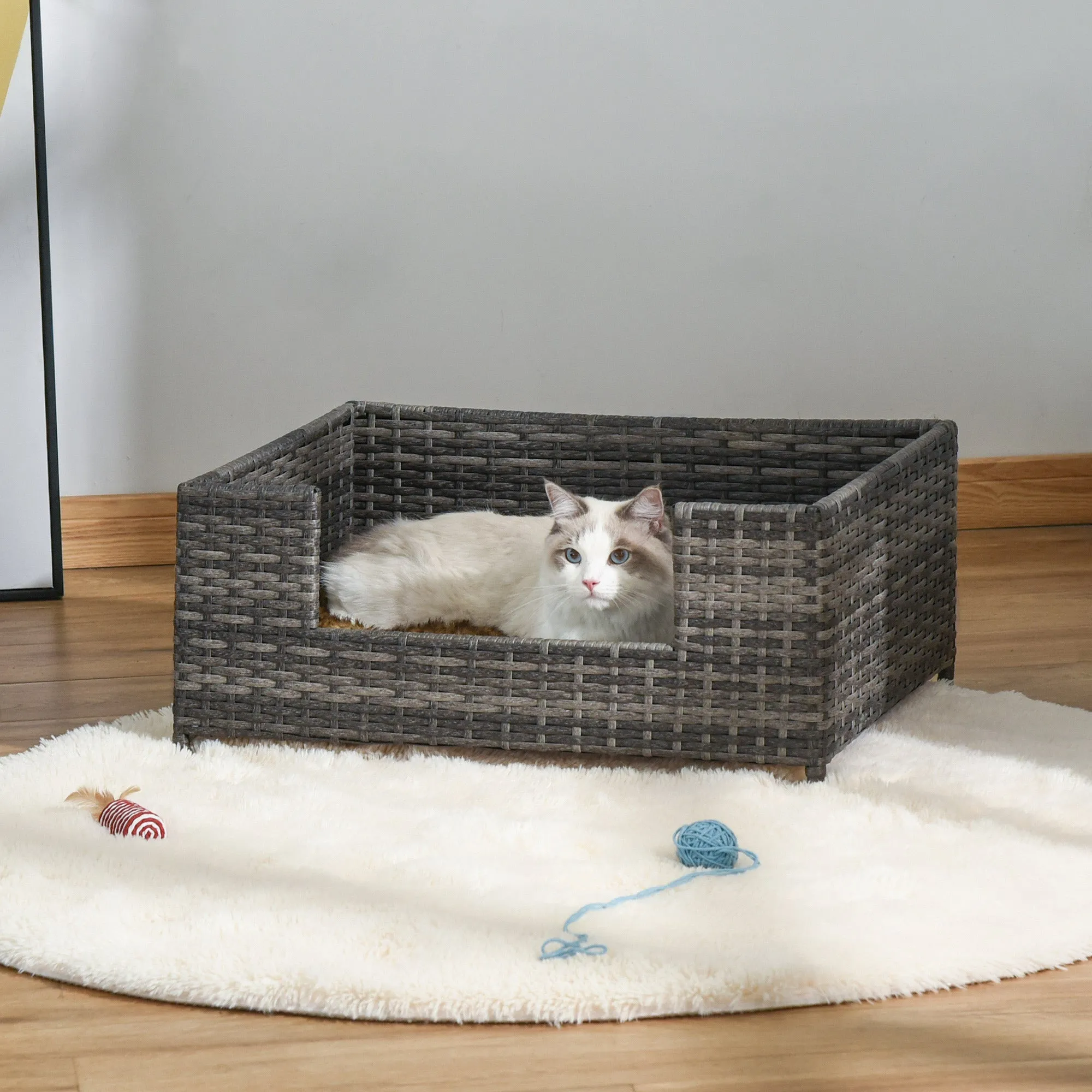 PawHut Rattan Dog Sofa w/ Removable Soft Cushion Indoor Outdoor Use - Grey