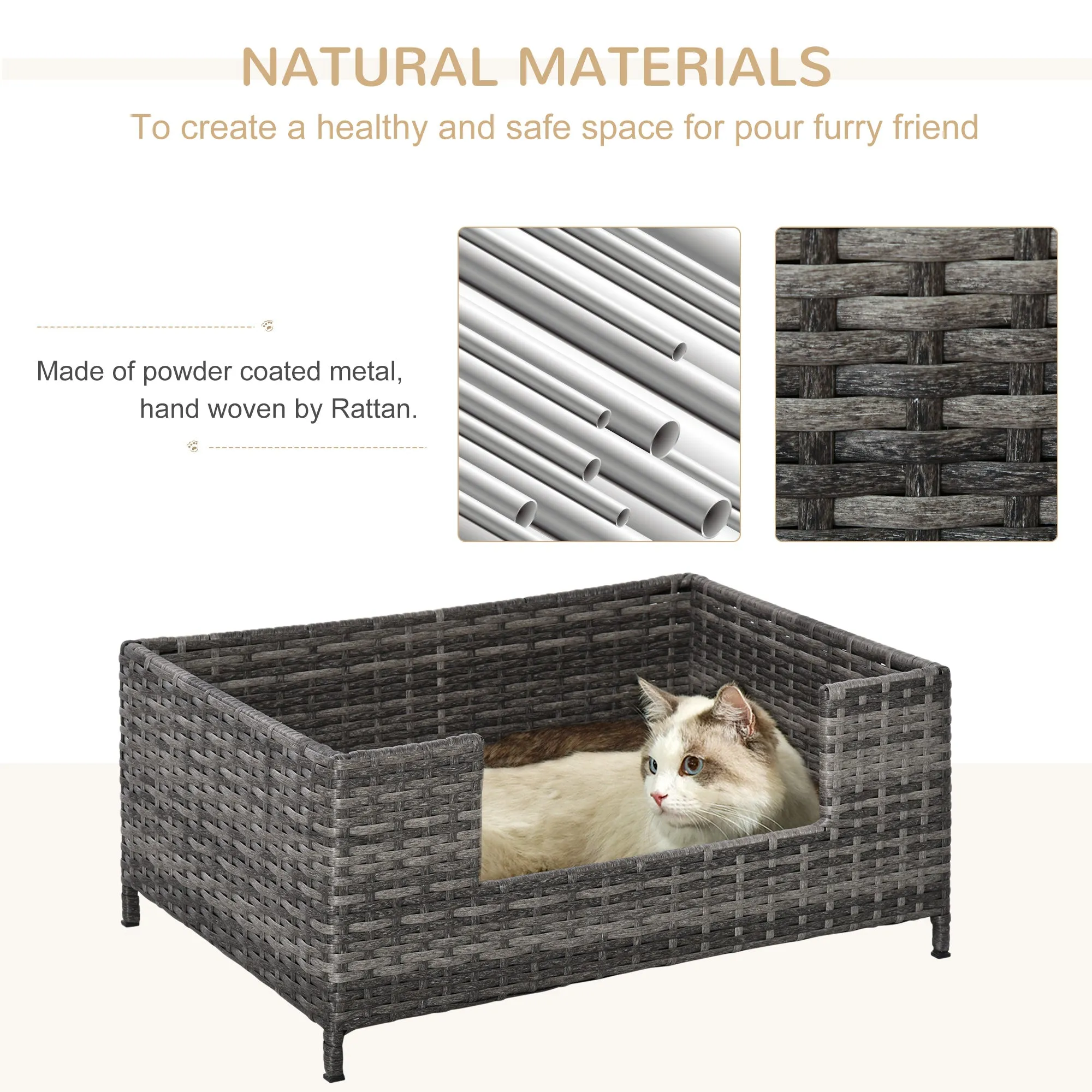 PawHut Rattan Dog Sofa w/ Removable Soft Cushion Indoor Outdoor Use - Grey