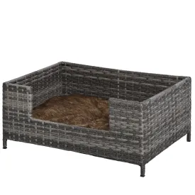 PawHut Rattan Dog Sofa w/ Removable Soft Cushion Indoor Outdoor Use - Grey
