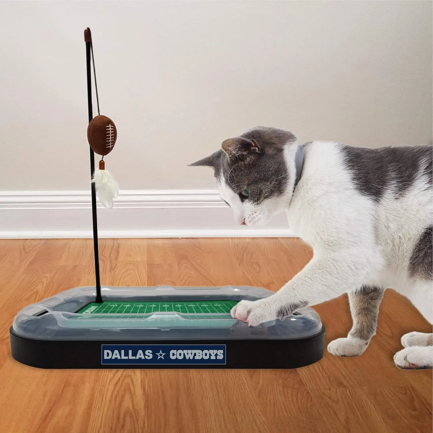 Pets First Cat Feather Toy DALLAS COWBOYS FOOTBALL FIELD CAT SCRATCHER TOY with CATNIP Filled Plush FOOTBALL Toy & Feather Cat Toy hanging, Jingle Bell INTERACTIVE BALL Cat Chasing 5-in-1 KITTY Toy