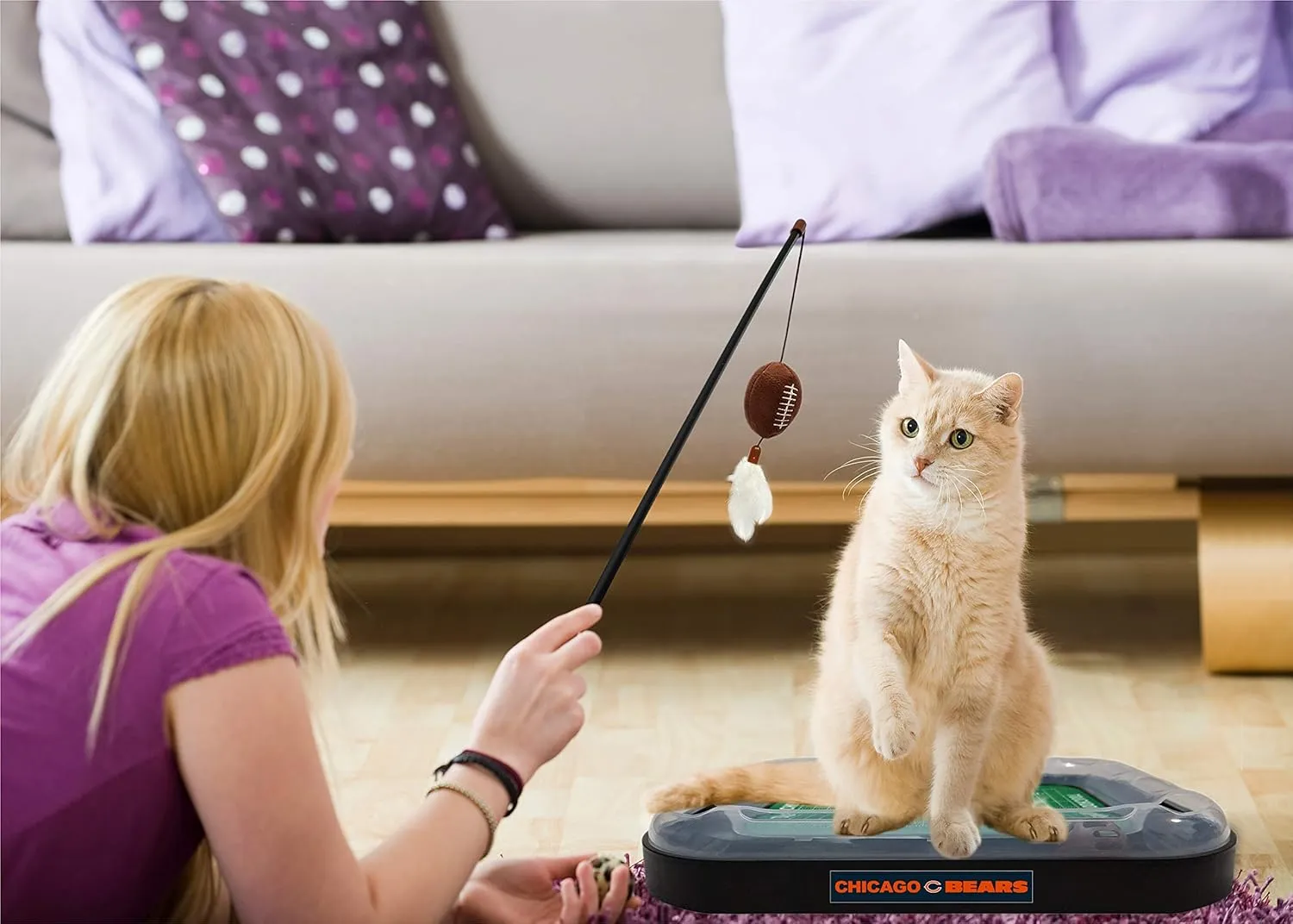 Pets First Cat Scratcher NFL Chicago Bears Football Field CAT Scratcher Toy with Catnip Filled Plush Football Toy & Feather Cat Toy Hanging & Jingle Bell Interactive Ball Cat Chasing 5-in-1 Kitty Toy