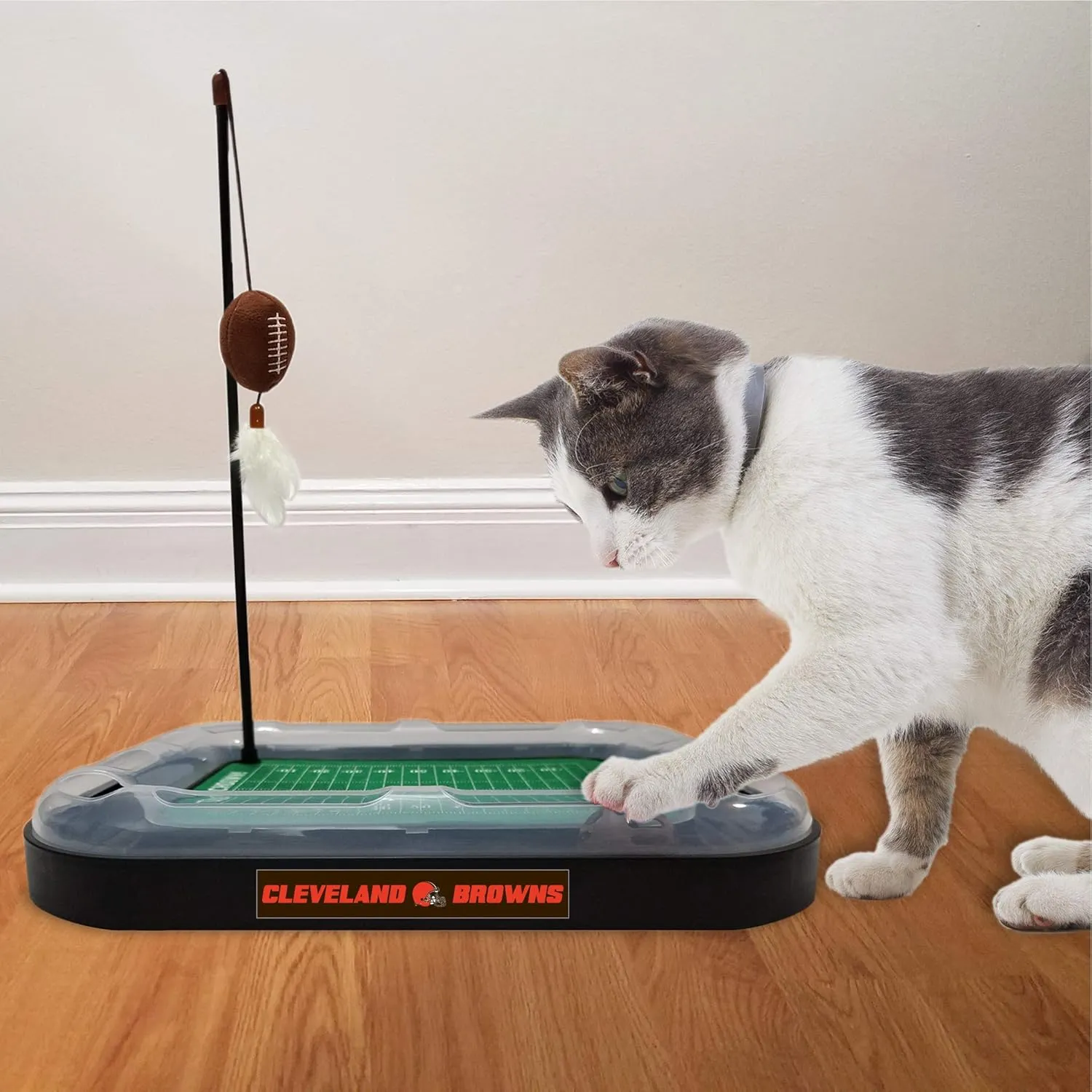 Pets First Cat Toy NFL CLEVELAND BROWNS FOOTBALL FIELD CAT SCRATCHER TOY with CATNIP Filled Plush FOOTBALL Toy & Feather Cat Toy hanging, with Jingle Bell INTERACTIVE BALL Cat Chasing 5-in-1 KITTY Toy