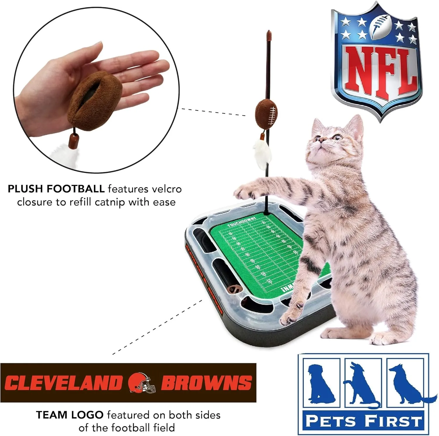 Pets First Cat Toy NFL CLEVELAND BROWNS FOOTBALL FIELD CAT SCRATCHER TOY with CATNIP Filled Plush FOOTBALL Toy & Feather Cat Toy hanging, with Jingle Bell INTERACTIVE BALL Cat Chasing 5-in-1 KITTY Toy