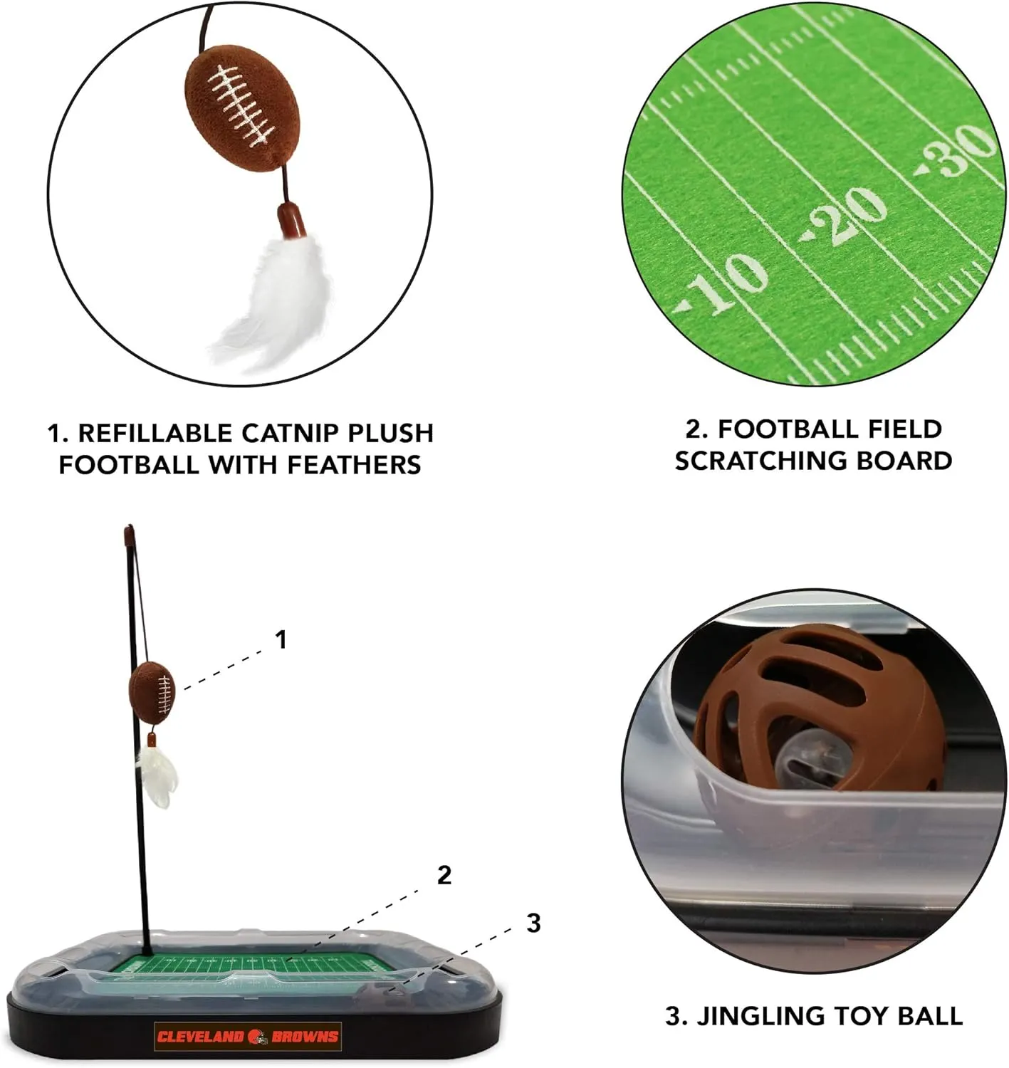 Pets First Cat Toy NFL CLEVELAND BROWNS FOOTBALL FIELD CAT SCRATCHER TOY with CATNIP Filled Plush FOOTBALL Toy & Feather Cat Toy hanging, with Jingle Bell INTERACTIVE BALL Cat Chasing 5-in-1 KITTY Toy