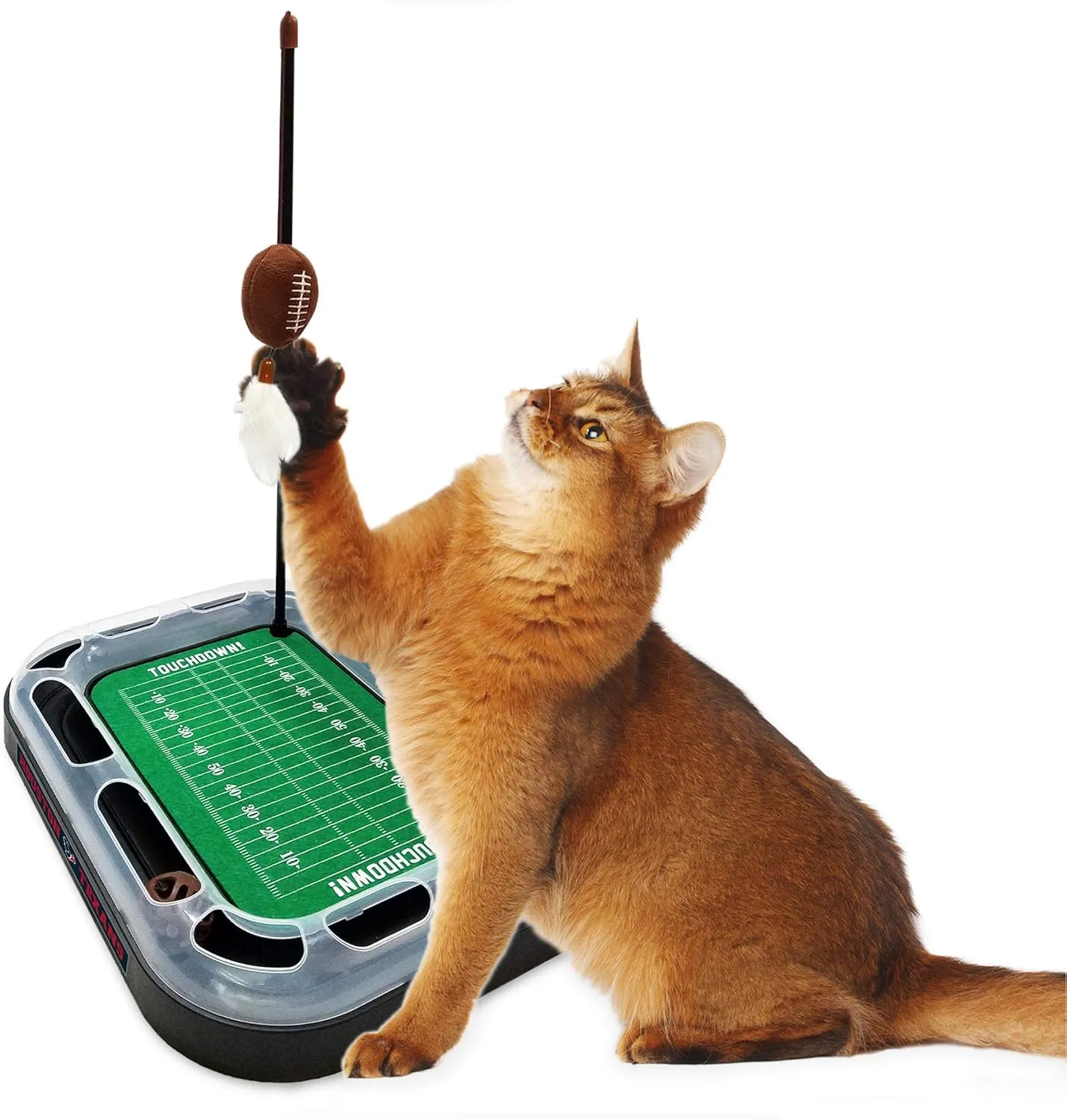 Pets First Catnip Toy HOUSTON TEXANS FOOTBALL FIELD CAT SCRATCHER TOY with CATNIP Filled Plush FOOTBALL Toy & Feather Cat Toy hanging, with Jingle Bell INTERACTIVE BALL Cat Chasing 5-in-1 KITTY Toy
