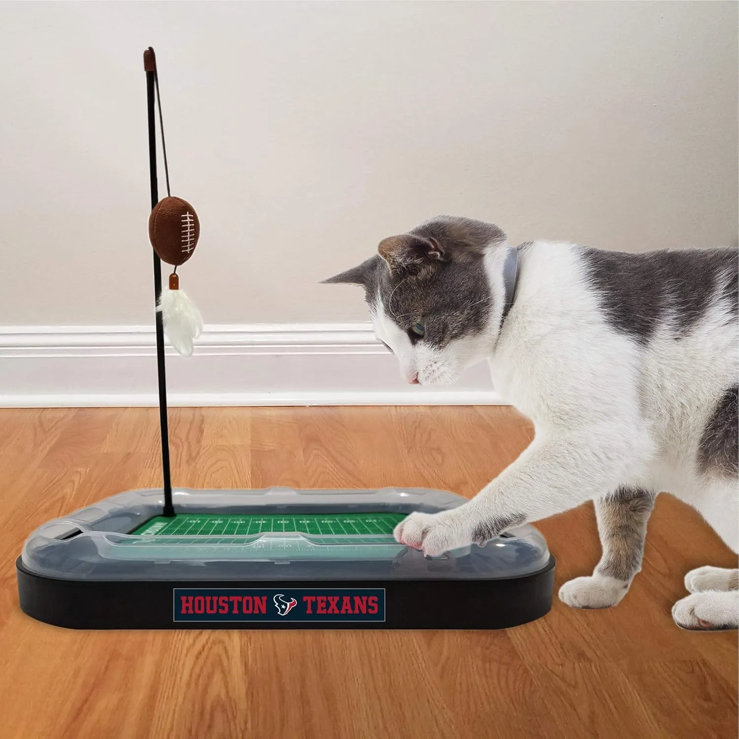Pets First Catnip Toy HOUSTON TEXANS FOOTBALL FIELD CAT SCRATCHER TOY with CATNIP Filled Plush FOOTBALL Toy & Feather Cat Toy hanging, with Jingle Bell INTERACTIVE BALL Cat Chasing 5-in-1 KITTY Toy