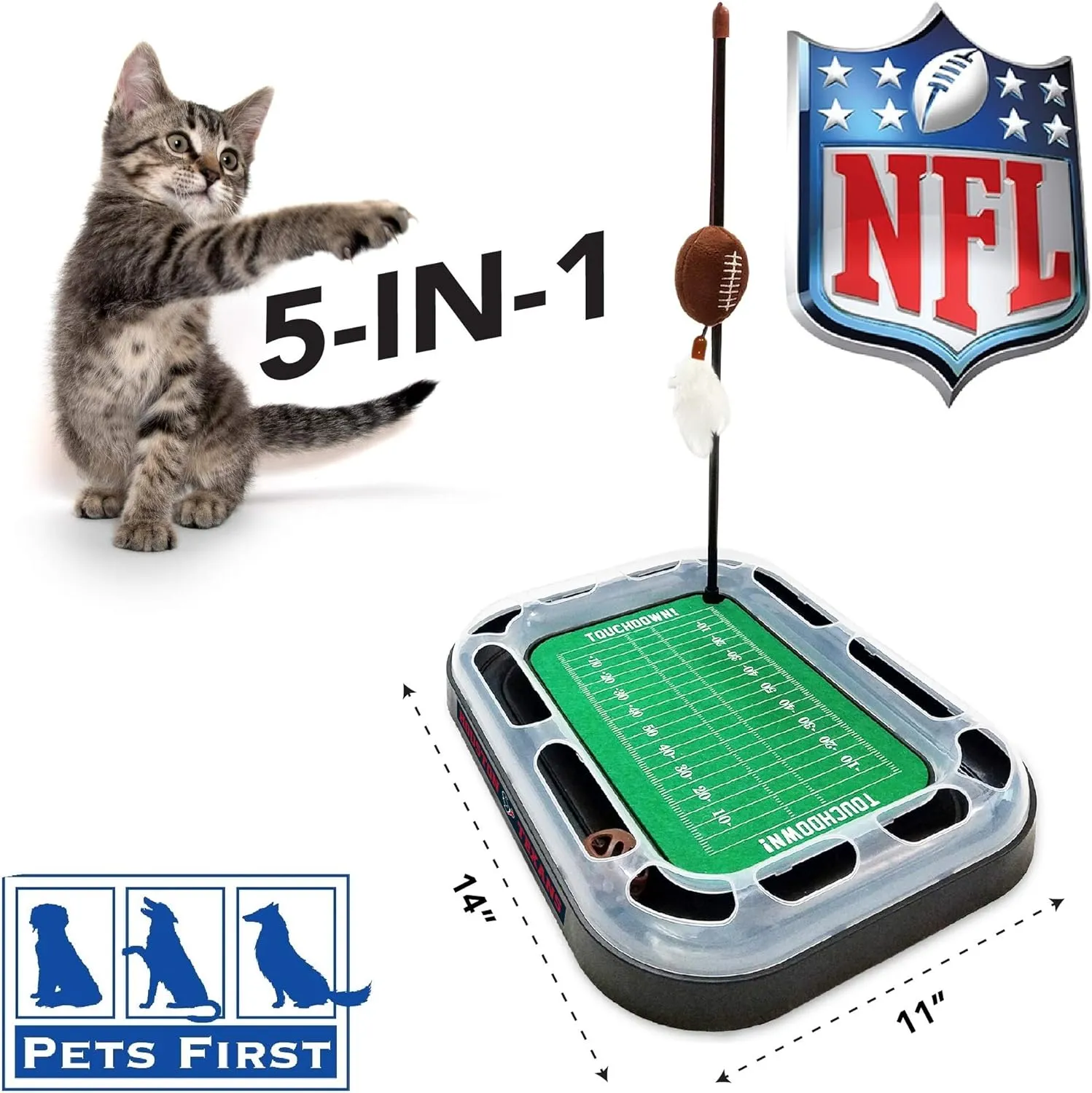 Pets First Catnip Toy HOUSTON TEXANS FOOTBALL FIELD CAT SCRATCHER TOY with CATNIP Filled Plush FOOTBALL Toy & Feather Cat Toy hanging, with Jingle Bell INTERACTIVE BALL Cat Chasing 5-in-1 KITTY Toy