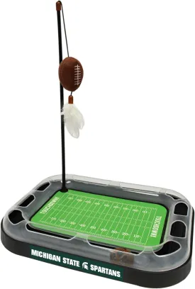 Pets First NCAA MICHIGAN STATE SPARTANS FOOTBALL FIELD CAT SCRATCHER TOY with CATNIP Filled Plush Toy & Feather Cat Toy hanging, with Jingle Bell INTERACTIVE BALL Cat Chasing 6-in-1 KITTY Toy