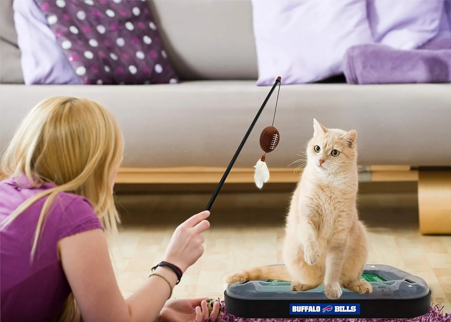 Pets First NFL Buffalo Bills Football Field CAT Scratcher Toy with Catnip Filled Plush Football Toy & Feather Cat Toy Hanging, with Jingle Bell Interactive Ball Cat Chasing 5-in-1 Kitty Toy