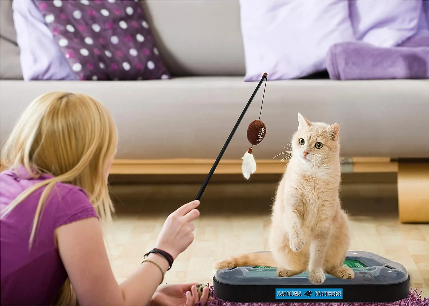 Pets First NFL Carolina Panthers Football Field Cat Scratcher & Plush Football Toy with Catnip & Feather. Interactive Jingle Bell Ball Cat Chasing Toy