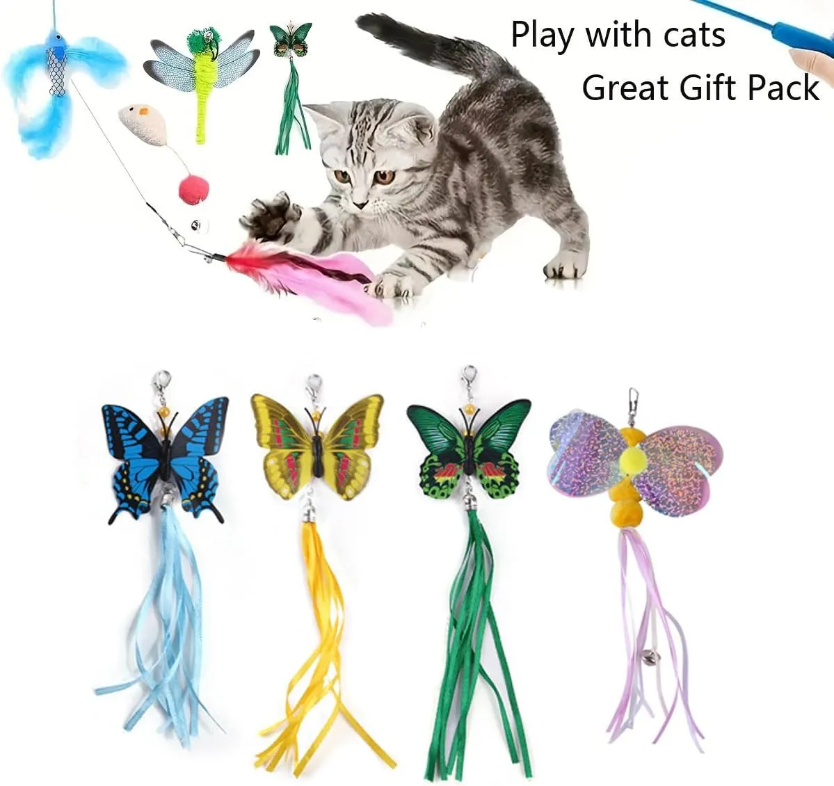 Retractable Wand Cat Toy with 9 Replaceable Heads - Interactive Cat Feather Toys,with Feathers, Butterfly & Worm Attachments - Durable Retractable Wand Toy for Playful Kittens