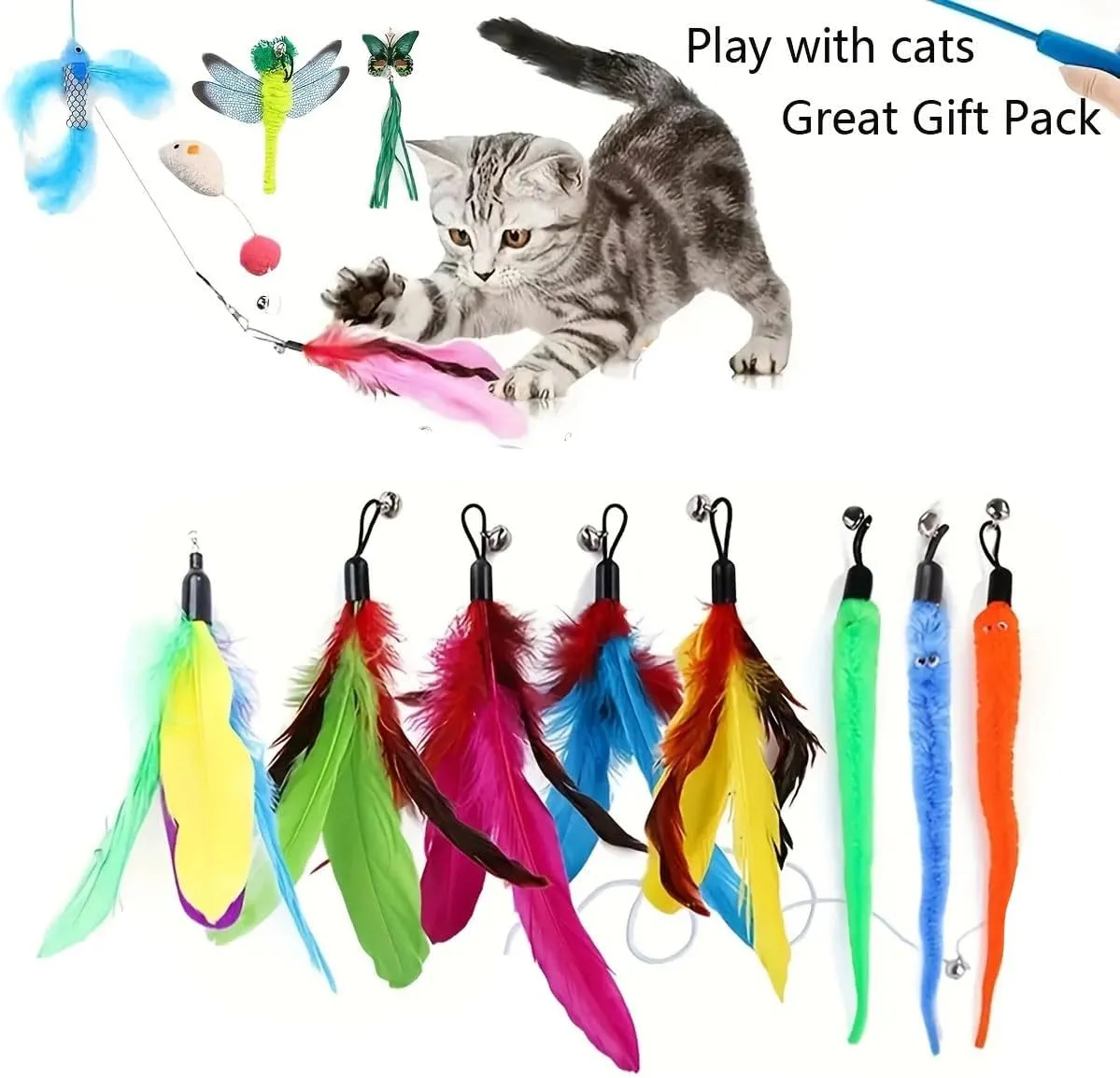 Retractable Wand Cat Toy with 9 Replaceable Heads - Interactive Cat Feather Toys,with Feathers, Butterfly & Worm Attachments - Durable Retractable Wand Toy for Playful Kittens