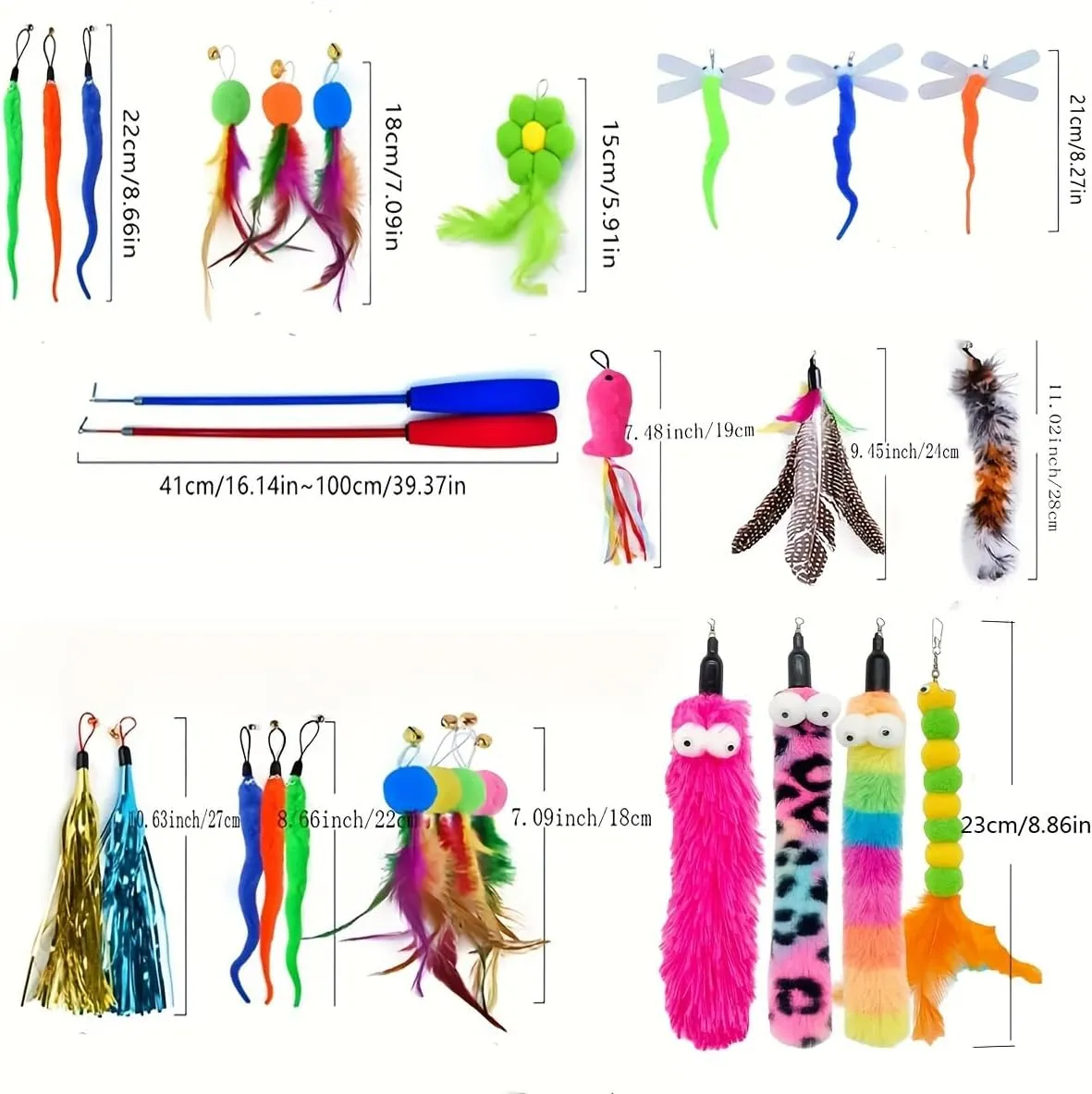 Retractable Wand Cat Toy with 9 Replaceable Heads - Interactive Cat Feather Toys,with Feathers, Butterfly & Worm Attachments - Durable Retractable Wand Toy for Playful Kittens