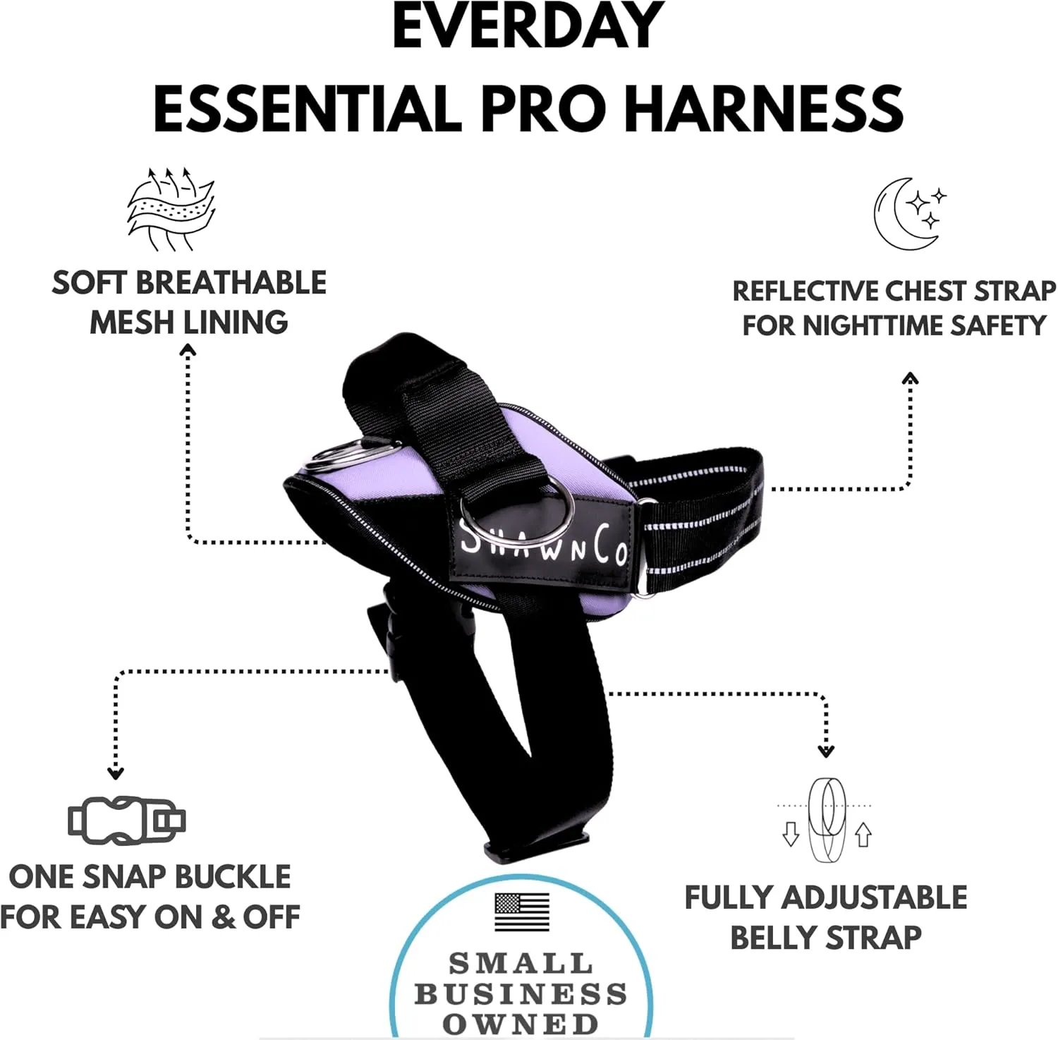 ShawnCo Essential Pro Dog Harness, No-Pull Pet Vest with 3 Leash Clips and Removable, Reflective Side Patches, Adjustable and Padded Harness for Small, Medium and Large Dogs (ICY Lilac, M)