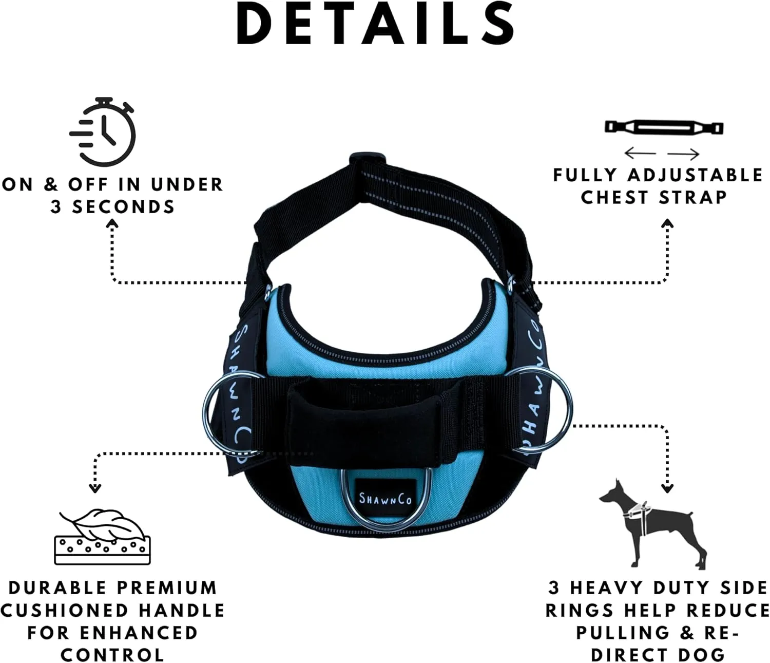 ShawnCo Essential Pro Dog Harness, No-Pull Pet Vest with 3 Leash Clips and Removable, Reflective Side Patches, Adjustable and Padded Harness for Small, Medium and Large Dogs (Oceanic Blue, XL)