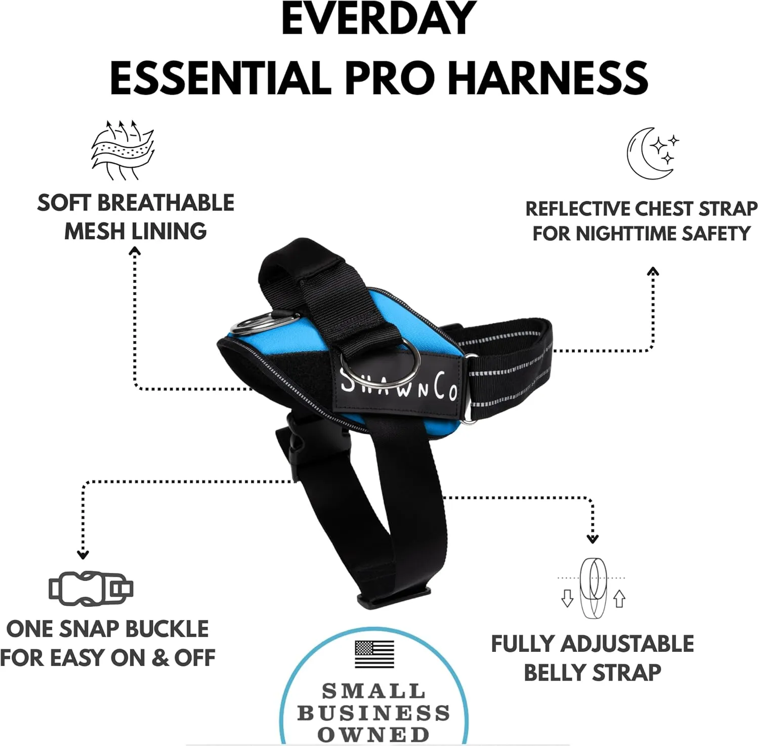 ShawnCo Essential Pro Dog Harness, No-Pull Pet Vest with 3 Leash Clips and Removable, Reflective Side Patches, Adjustable and Padded Harness for Small, Medium and Large Dogs (Oceanic Blue, XL)