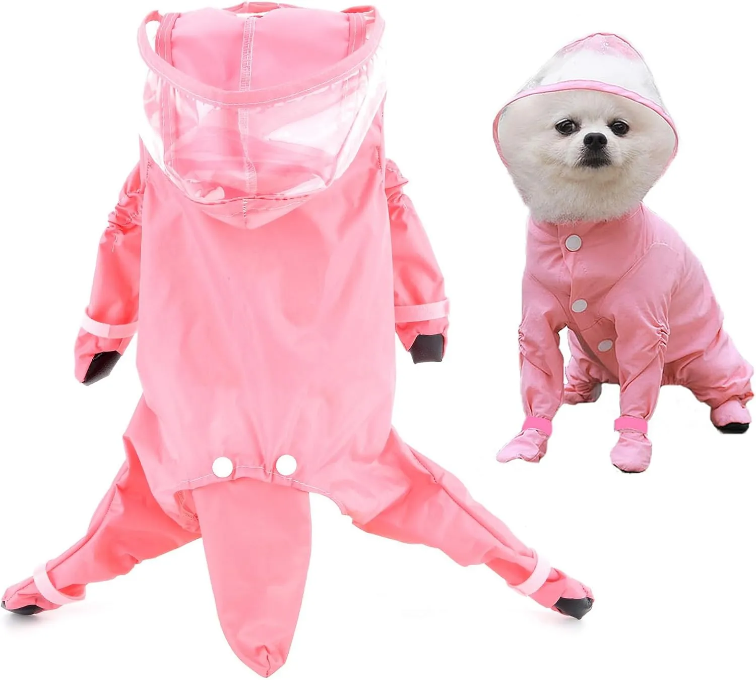 SMALLLEE_LUCKY_STORE Cute Raincoat for Small Dogs with Hood and Boots Detachable Tail Puppy Botton Down Rain Jacket Full Boby 4 Leg Jumpsuit Waterproof Lightweight Clothes,Pink,XL