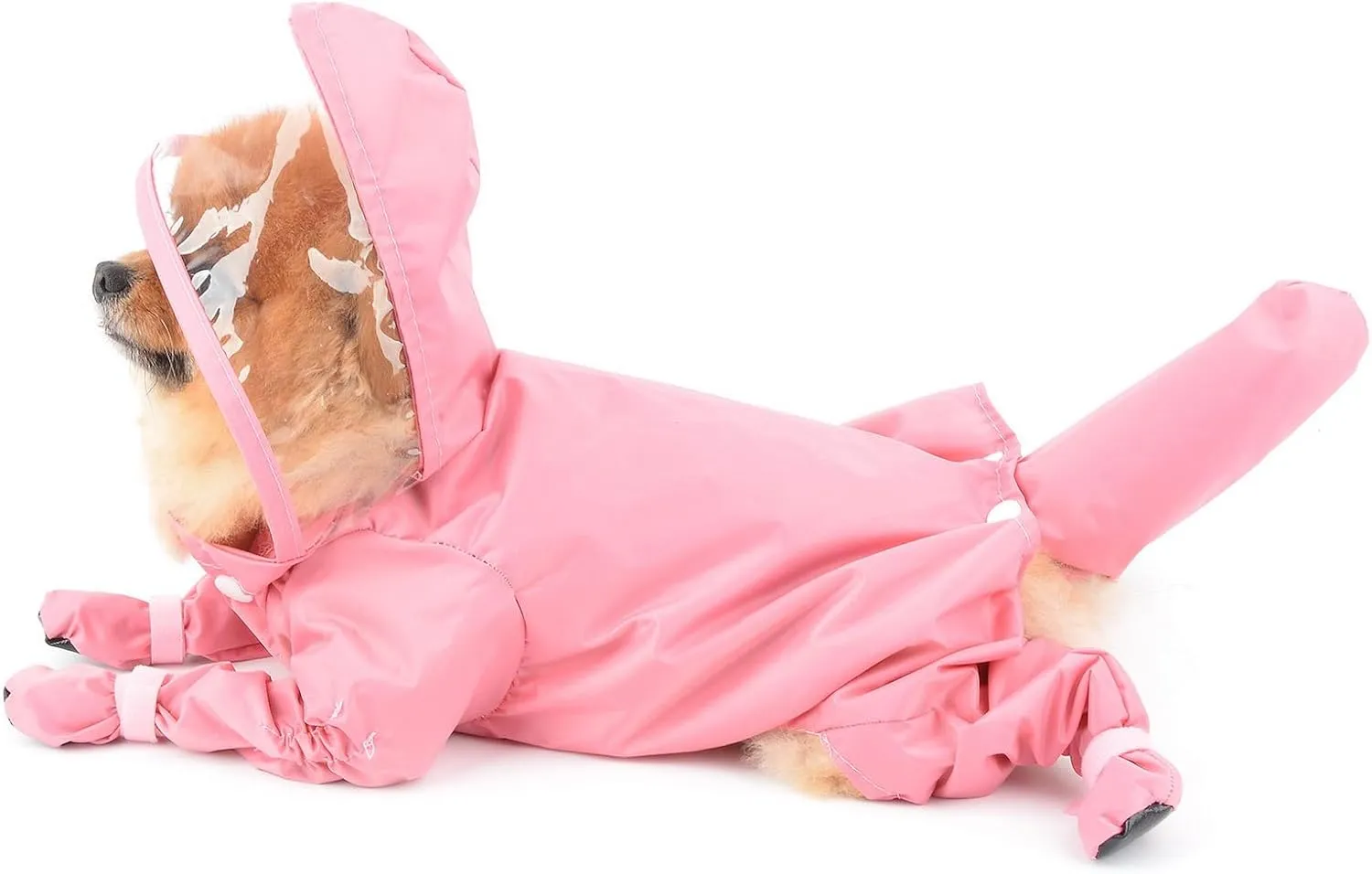 SMALLLEE_LUCKY_STORE Cute Raincoat for Small Dogs with Hood and Boots Detachable Tail Puppy Botton Down Rain Jacket Full Boby 4 Leg Jumpsuit Waterproof Lightweight Clothes,Pink,XL