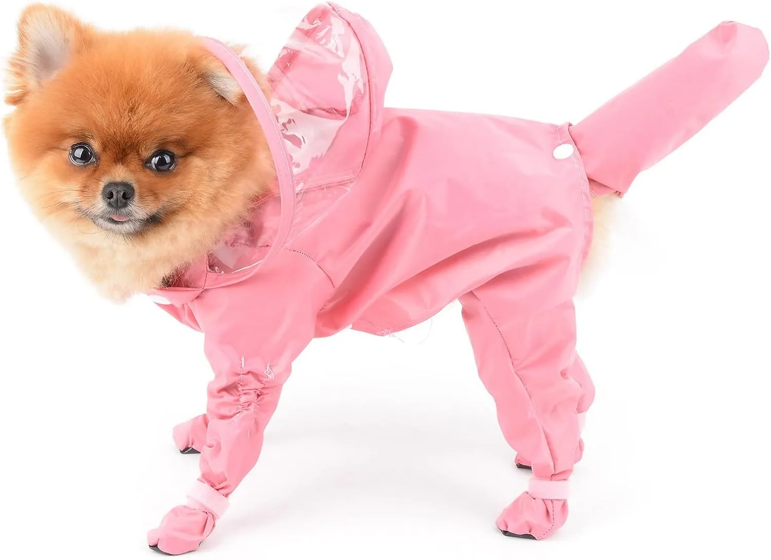 SMALLLEE_LUCKY_STORE Cute Raincoat for Small Dogs with Hood and Boots Detachable Tail Puppy Botton Down Rain Jacket Full Boby 4 Leg Jumpsuit Waterproof Lightweight Clothes,Pink,XL