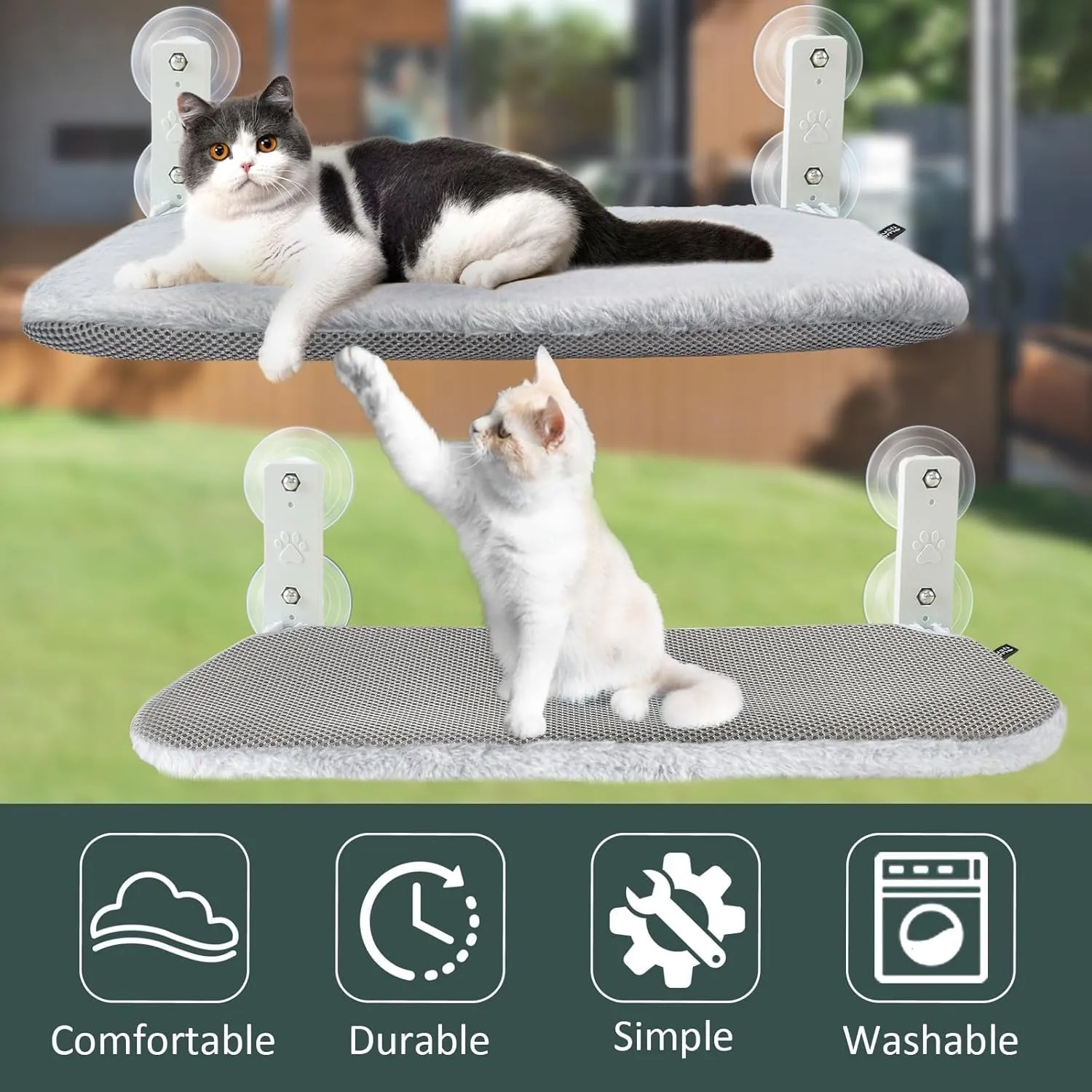 Sunhoo 2PCS Cat Window Hammock Perch Cordless Window Sill Seat Bed Foldable Kitty Lounger Indoor Cats Shelf Stable Upgraded Suction Cup Easy Assembly 20.5 * 11.8in Hold Up to 55lbs (Light Gray, M)