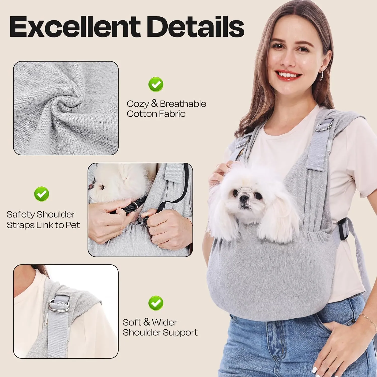 Supet Dog Sling Carrier for Small Dogs, Anti-Anxiety Hands-Free Cat Sling Carrier, Soft Cotton Front Facing Dog Carrier, Adjustable Swaddle Wrap, Reducing Back Neck Pain(Regular, Grey)