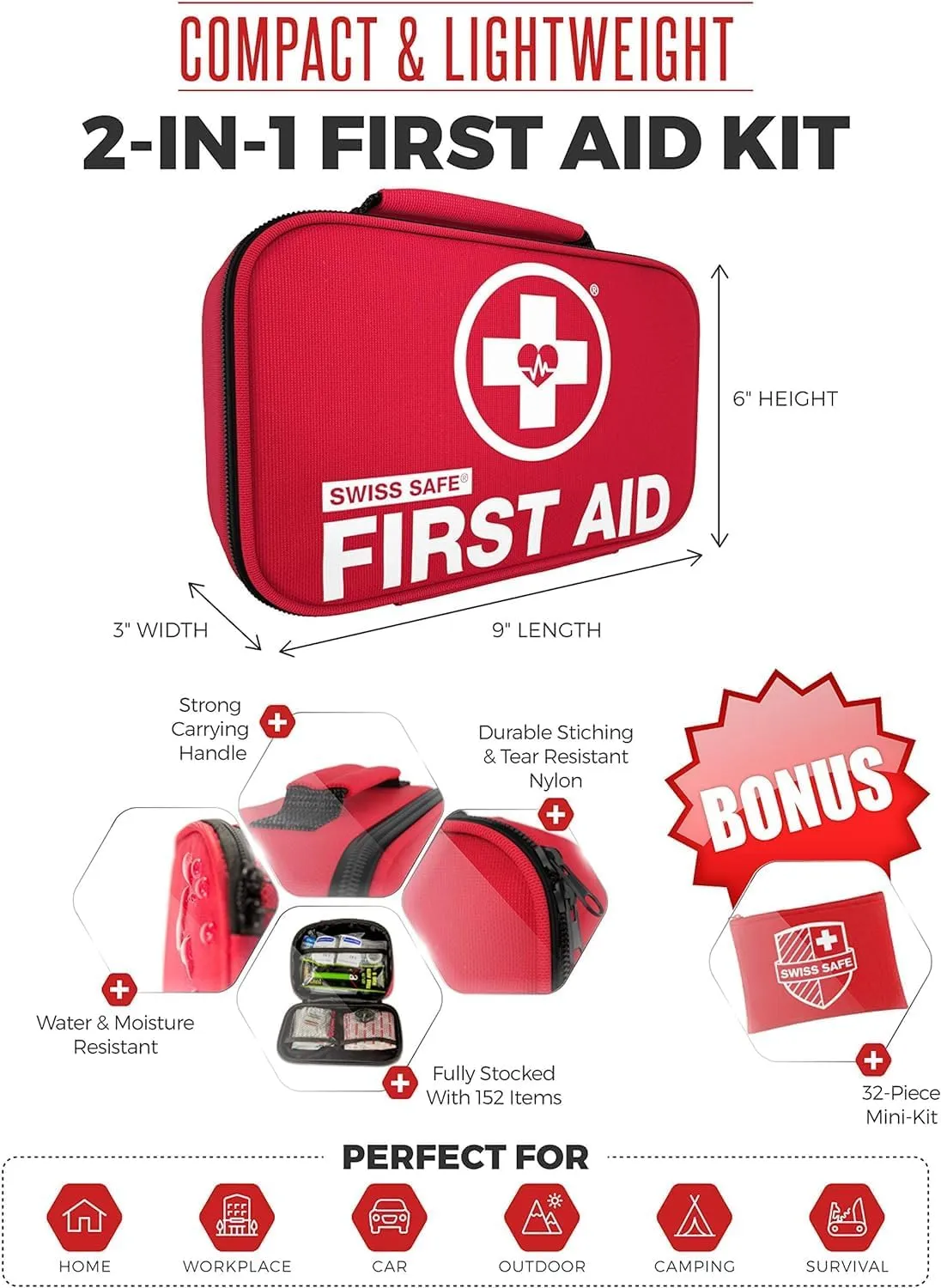 Swiss Safe 2-in-1 First Aid Kit for Car, Travel & Home, Businesses - Bonus Mini Kit for Medical Emergency Aid, Survival, Camping - FSA & HSA Eligible - 120 32 Pcs, Small Travel FAK