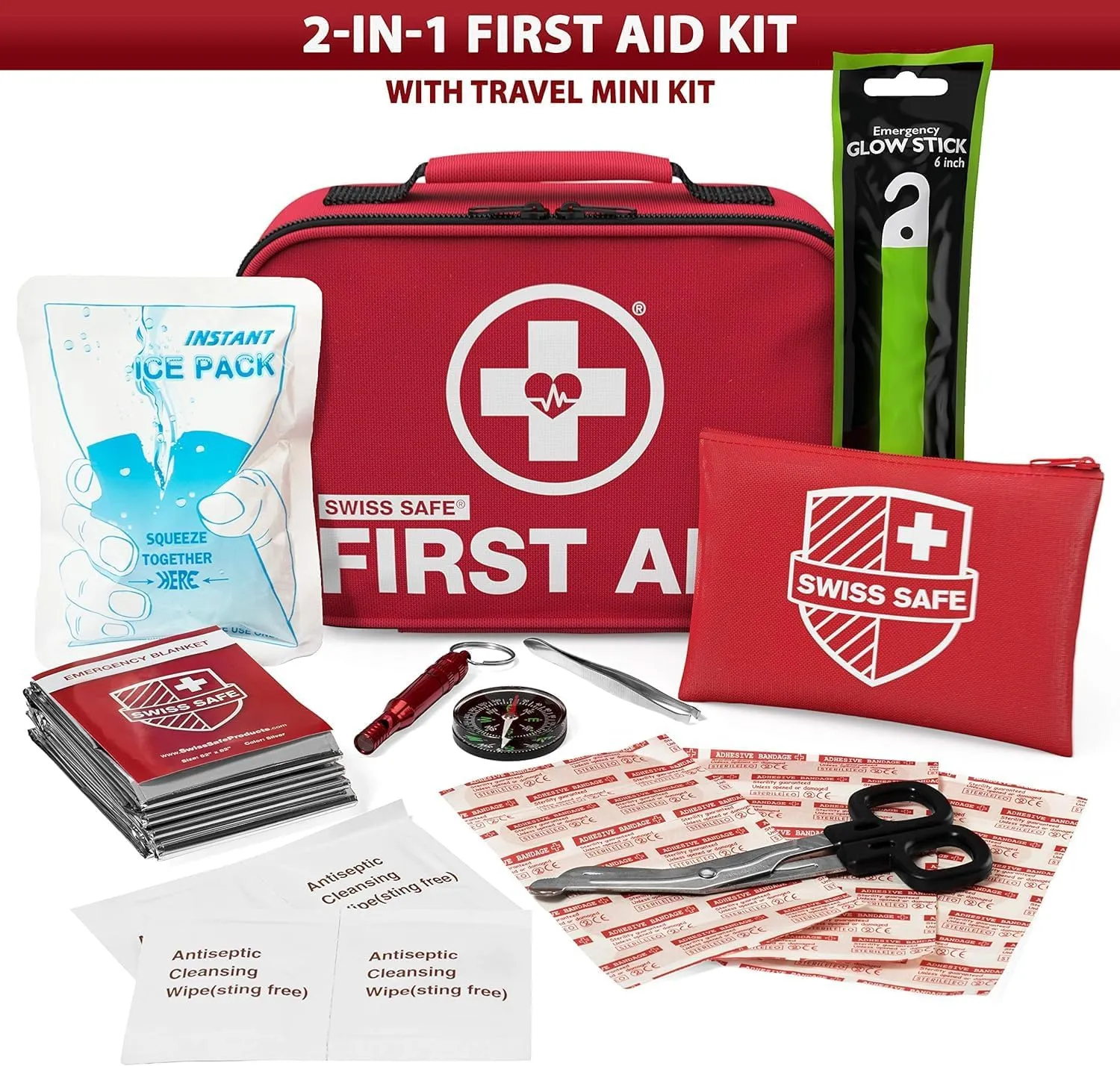 Swiss Safe 2-in-1 First Aid Kit for Car, Travel & Home, Businesses - Bonus Mini Kit for Medical Emergency Aid, Survival, Camping - FSA & HSA Eligible - 120 32 Pcs, Small Travel FAK