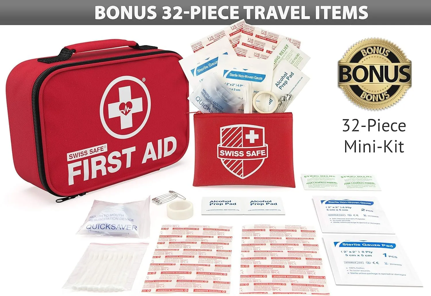 Swiss Safe 2-in-1 First Aid Kit for Car, Travel & Home, Businesses - Bonus Mini Kit for Medical Emergency Aid, Survival, Camping - FSA & HSA Eligible - 120 32 Pcs, Small Travel FAK