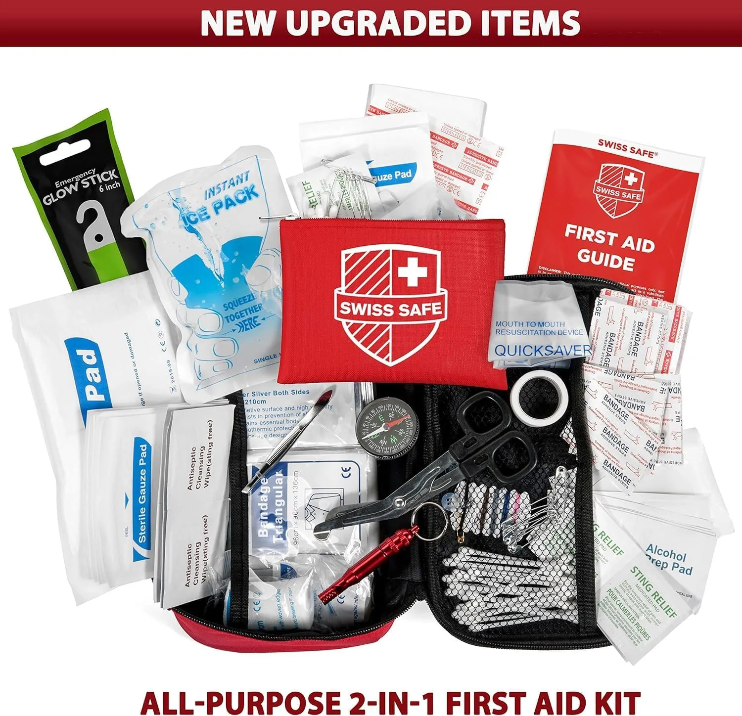 Swiss Safe 2-in-1 First Aid Kit for Car, Travel & Home, Businesses - Bonus Mini Kit for Medical Emergency Aid, Survival, Camping - FSA & HSA Eligible - 120 32 Pcs, Small Travel FAK