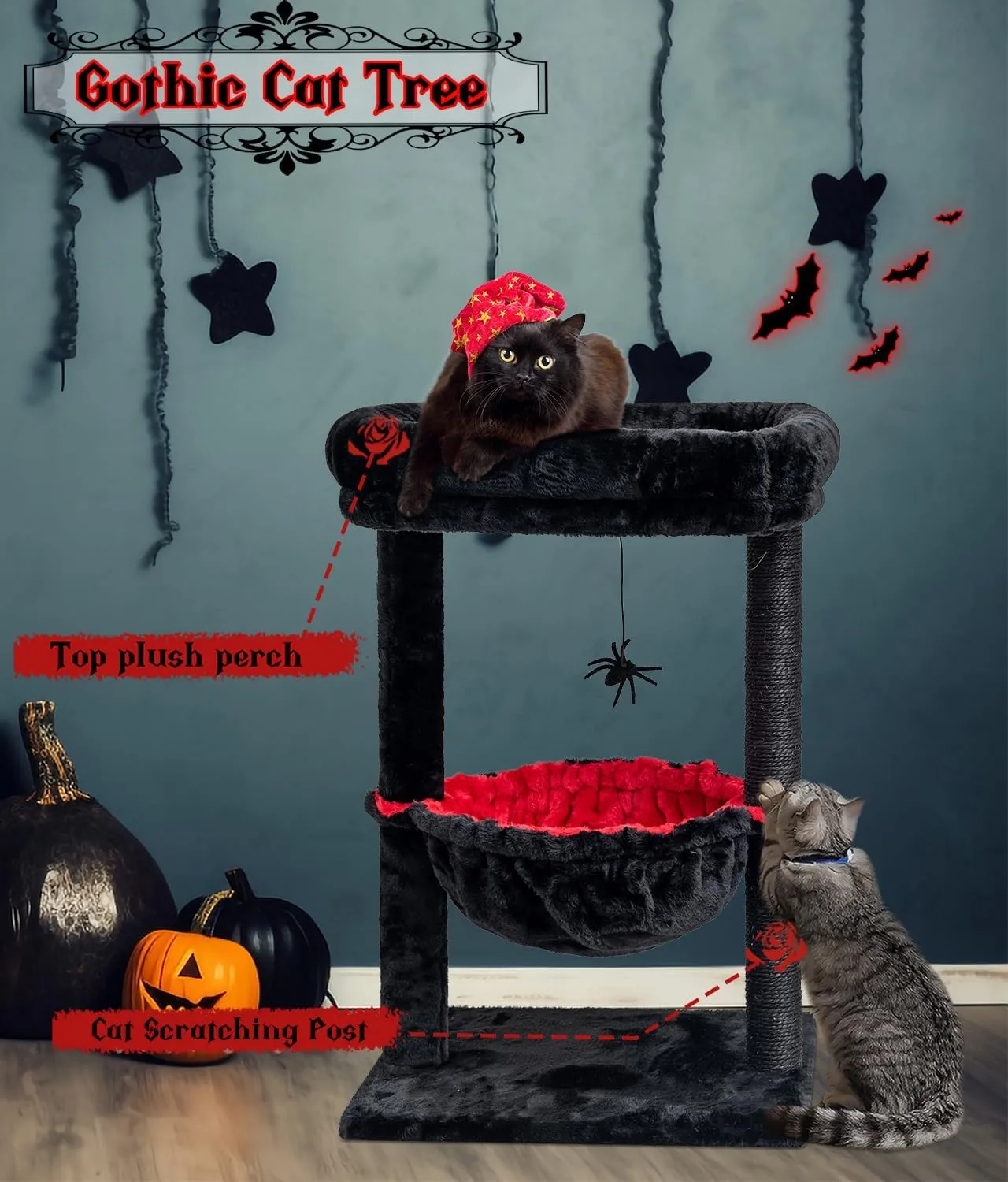 SYANDLVY Gothic Cat Tree with Coffin Bed for Indoor Cats, Activity Cat Tower with Scratching Post for Kittens, Cat Condo Furniture with Basket & Spider Hanging Ball for Play Rest