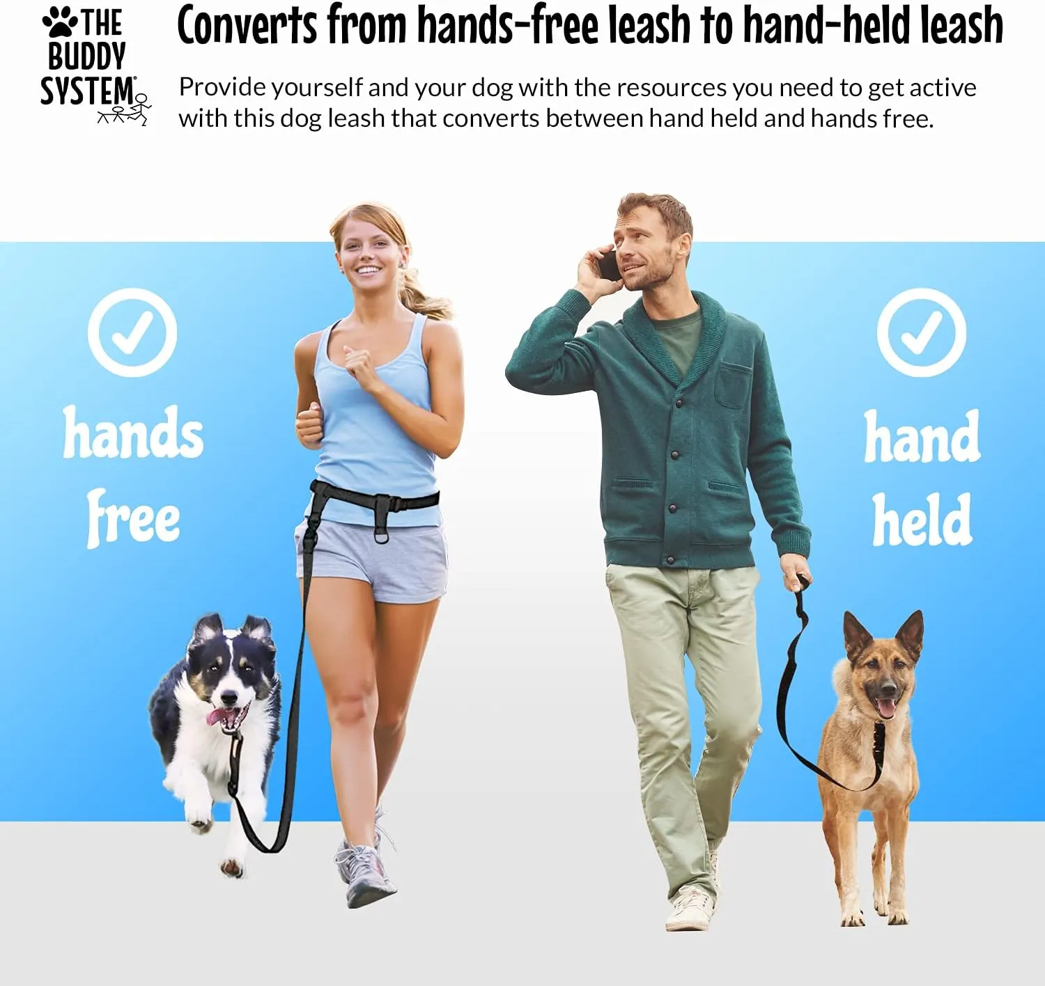 The Buddy System Adjustable Hands Free Dog Leash, Hand-Free Leash for Running, Jogging, Walking, Hiking and Training Service Dogs, Versatile All Dog Sizes - Made in USA - X-Large, Black