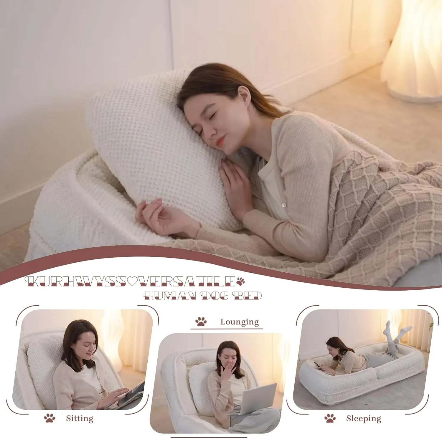 Upholstered Human Dog Bed for Adult & Pets, Convertible Lazy Sofa Bed with 5 Adjustable Position, Comfy Tatami Bean Bag Lounge Chair with 2 Soft Pillows for Bedroom Living Room Office (Beige)