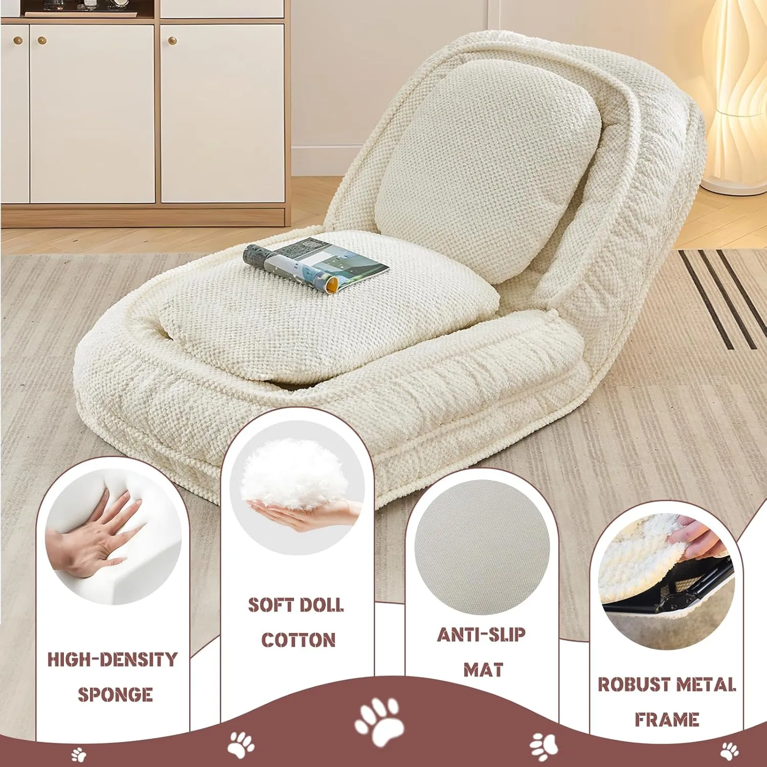 Upholstered Human Dog Bed for Adult & Pets, Convertible Lazy Sofa Bed with 5 Adjustable Position, Comfy Tatami Bean Bag Lounge Chair with 2 Soft Pillows for Bedroom Living Room Office (Beige)