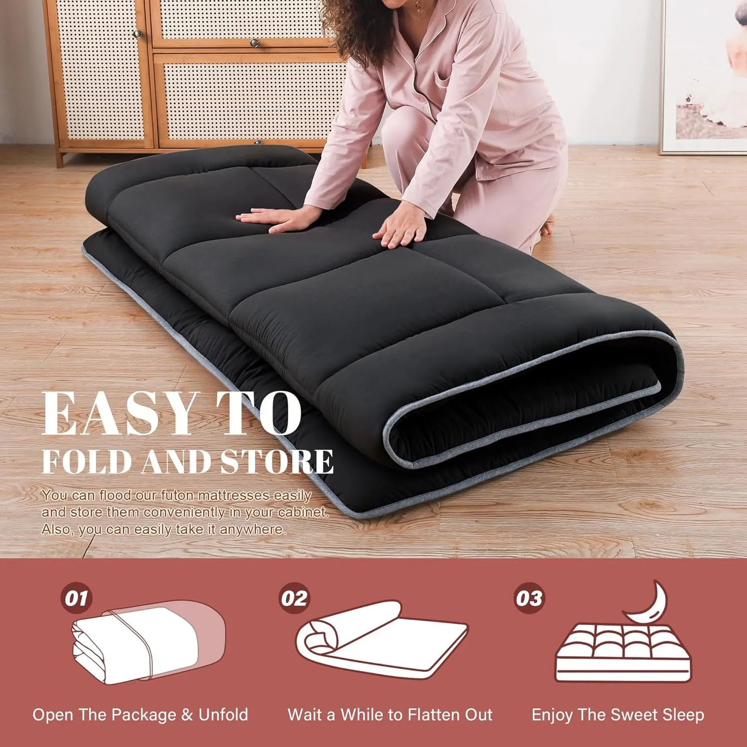 WhatsBedding Japanese Floor Mattress Futon Mattress 3" Black Tatami Mat Shredded Memory Foam Filled Sleeping Pad, Foldable & Portable Roll Up Lounger Camping Bed for Kids and Adult,Twin Size 39"x 80"
