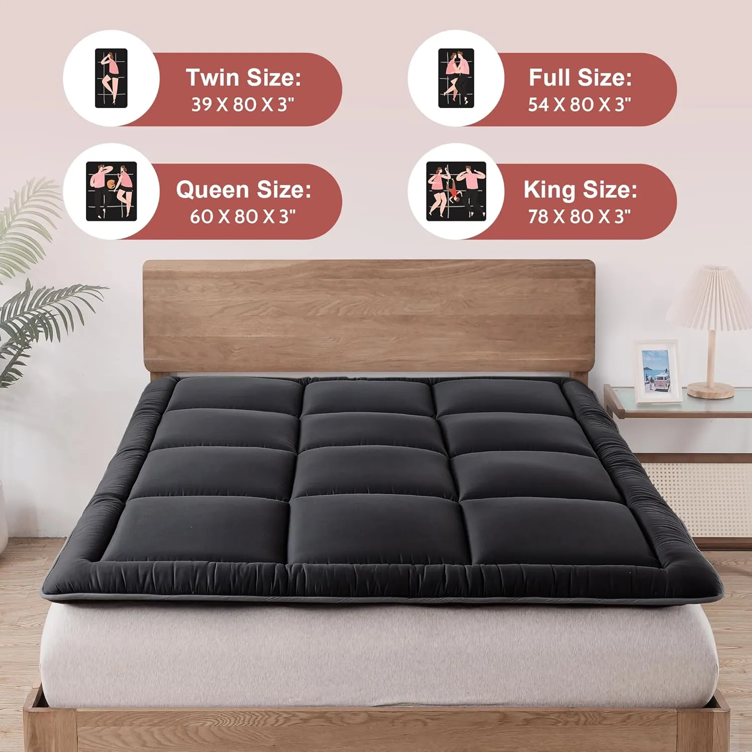 WhatsBedding Japanese Floor Mattress Futon Mattress 3" Black Tatami Mat Shredded Memory Foam Filled Sleeping Pad, Foldable & Portable Roll Up Lounger Camping Bed for Kids and Adult,Twin Size 39"x 80"