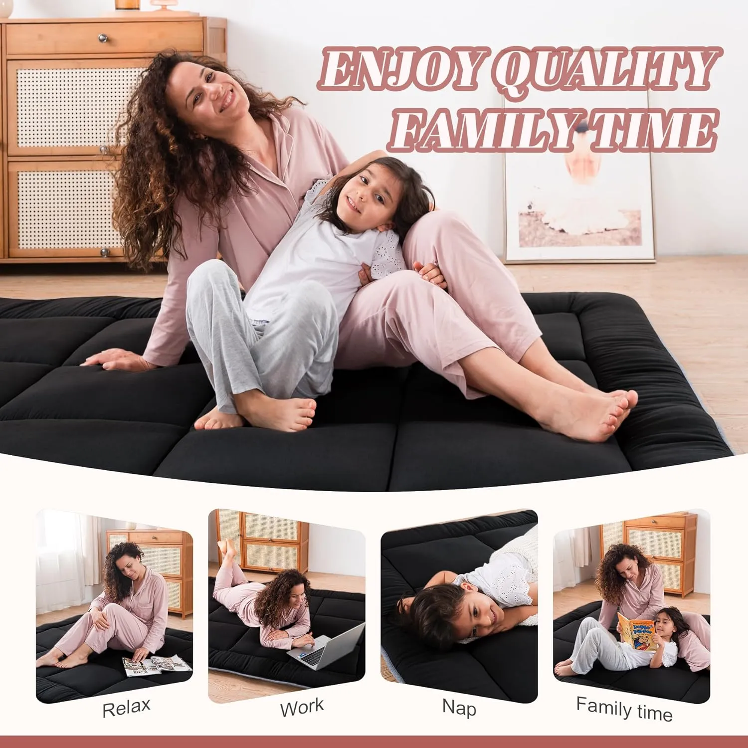 WhatsBedding Japanese Floor Mattress Futon Mattress 3" Black Tatami Mat Shredded Memory Foam Filled Sleeping Pad, Foldable & Portable Roll Up Lounger Camping Bed for Kids and Adult,Twin Size 39"x 80"